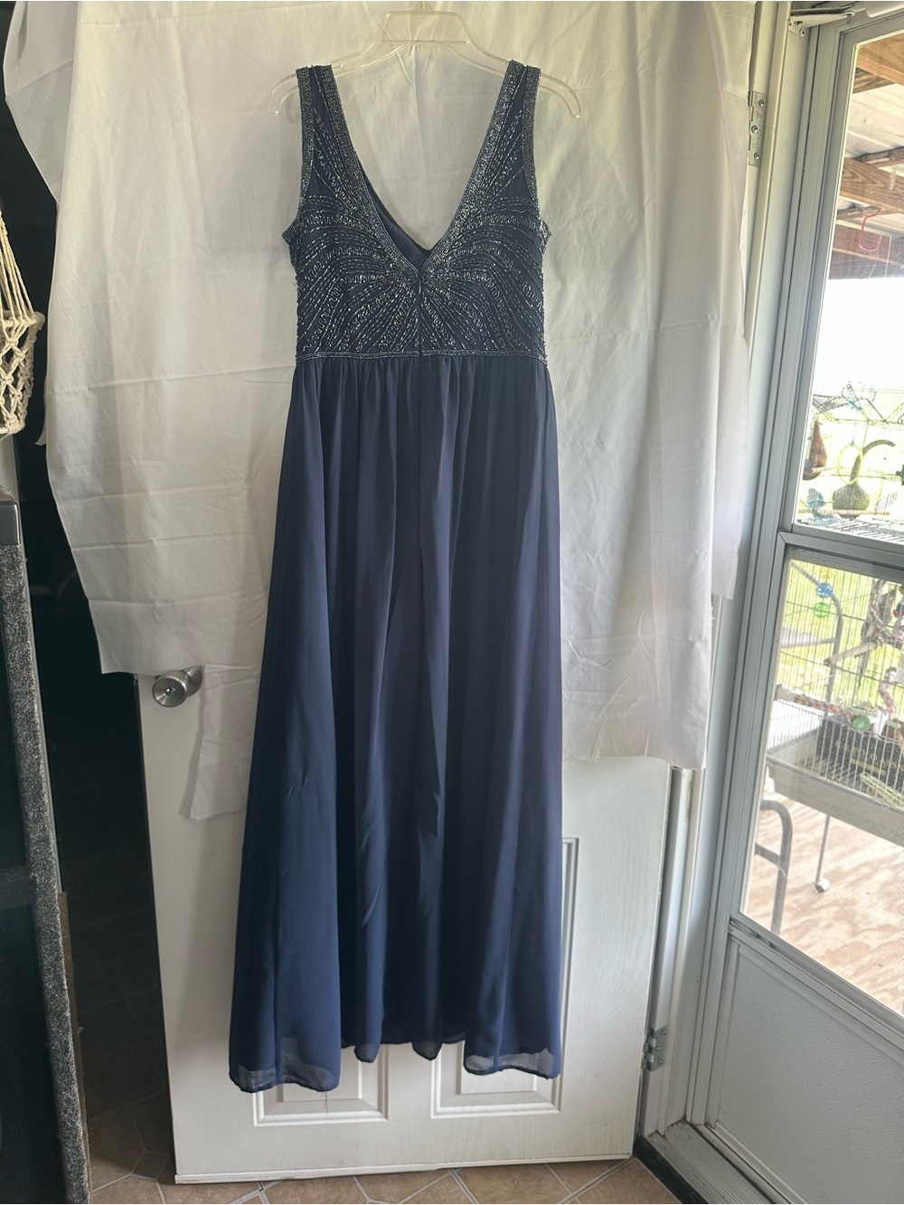 V-Neck Navy Beaded Maxi Dress - Elegant Sleeveless Evening Gown